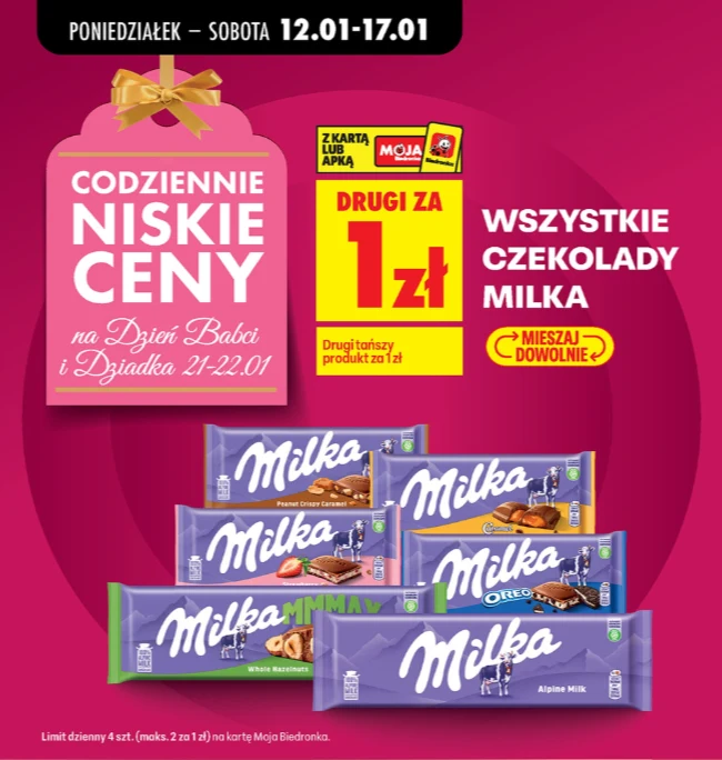Promocja na czekolady Milka w Biedronce 12–17.01: mix smaków, limit i zasady akcji
