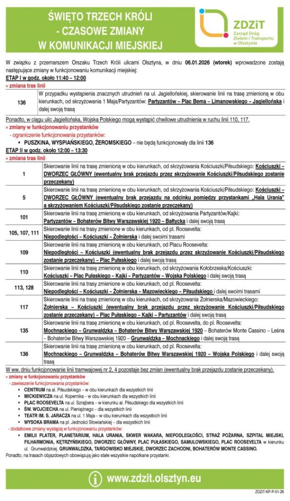 Święto Trzech Króli w Olsztynie 6 stycznia 2026: orszak, trasy i zmiany w komunikacji