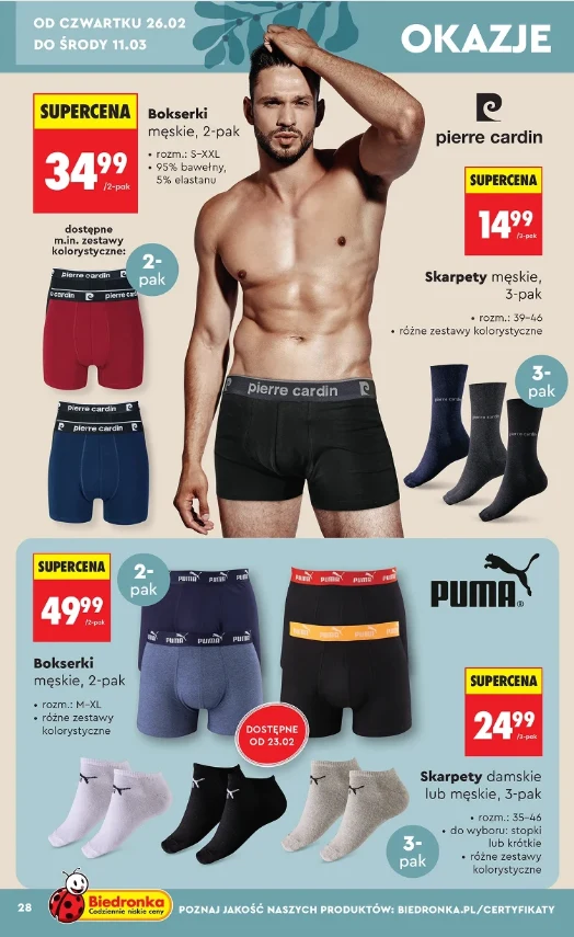Biedronka przecenia bieliznę Puma i Pierre Cardin. Ceny od 14,99 zł