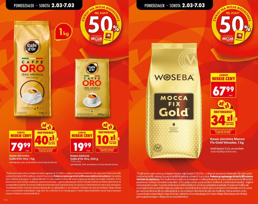 Duża promocja na kawę 2–7 marca w Biedronce -50%. Nawet 40 zł wraca na konto