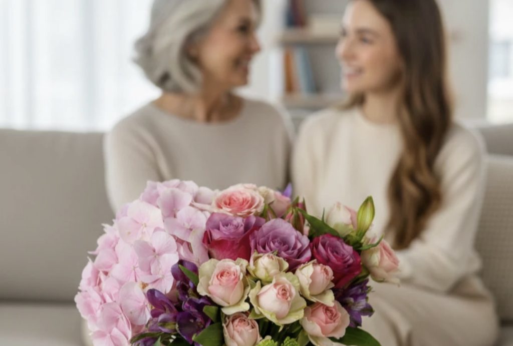 Kwiaty na Dzień Matki w eleganckim wazonie.