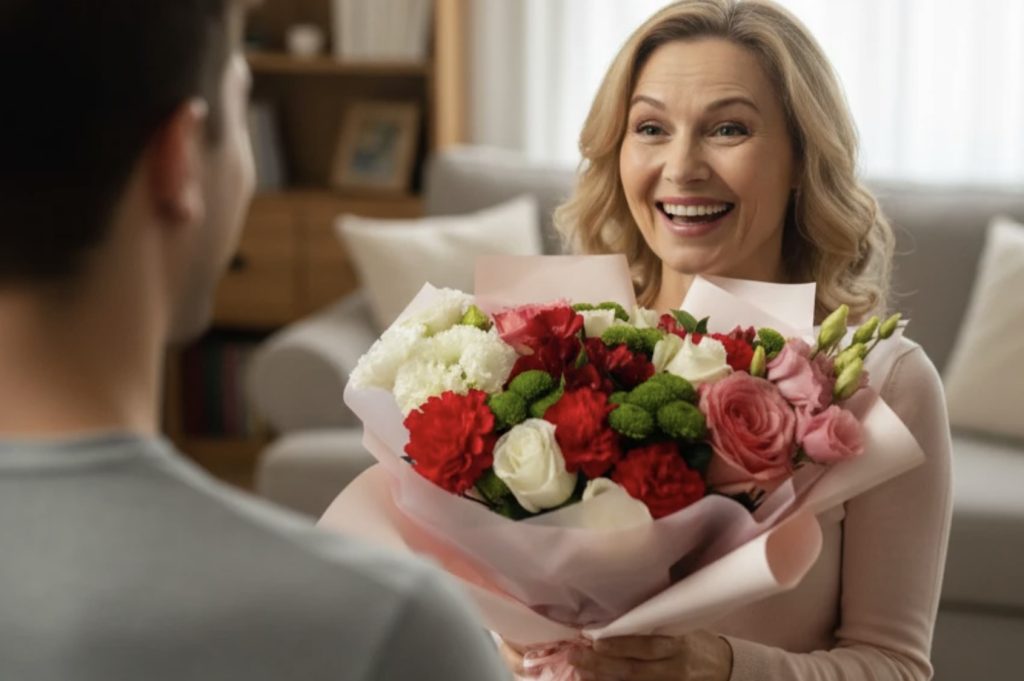 Wręczenie bukietu mamie z okazji jej święta.