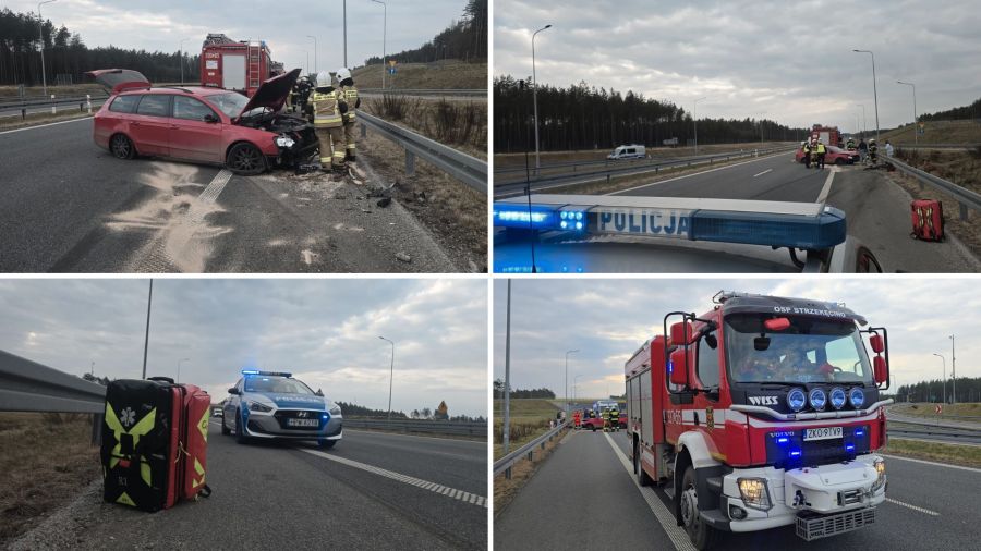 Kolizja na S11 Zegrze Pomorskie – samochód uderzył w bariery energochłonne