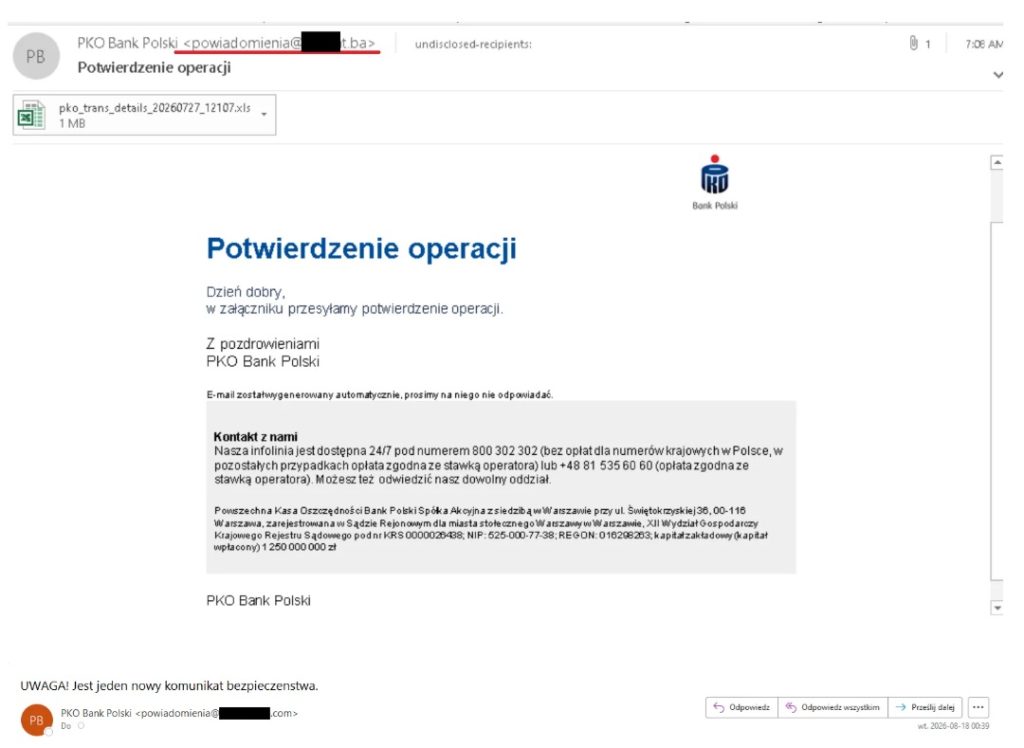 Masz konto w PKO BP? Uważaj na wiadomości „Potwierdzenie operacji”